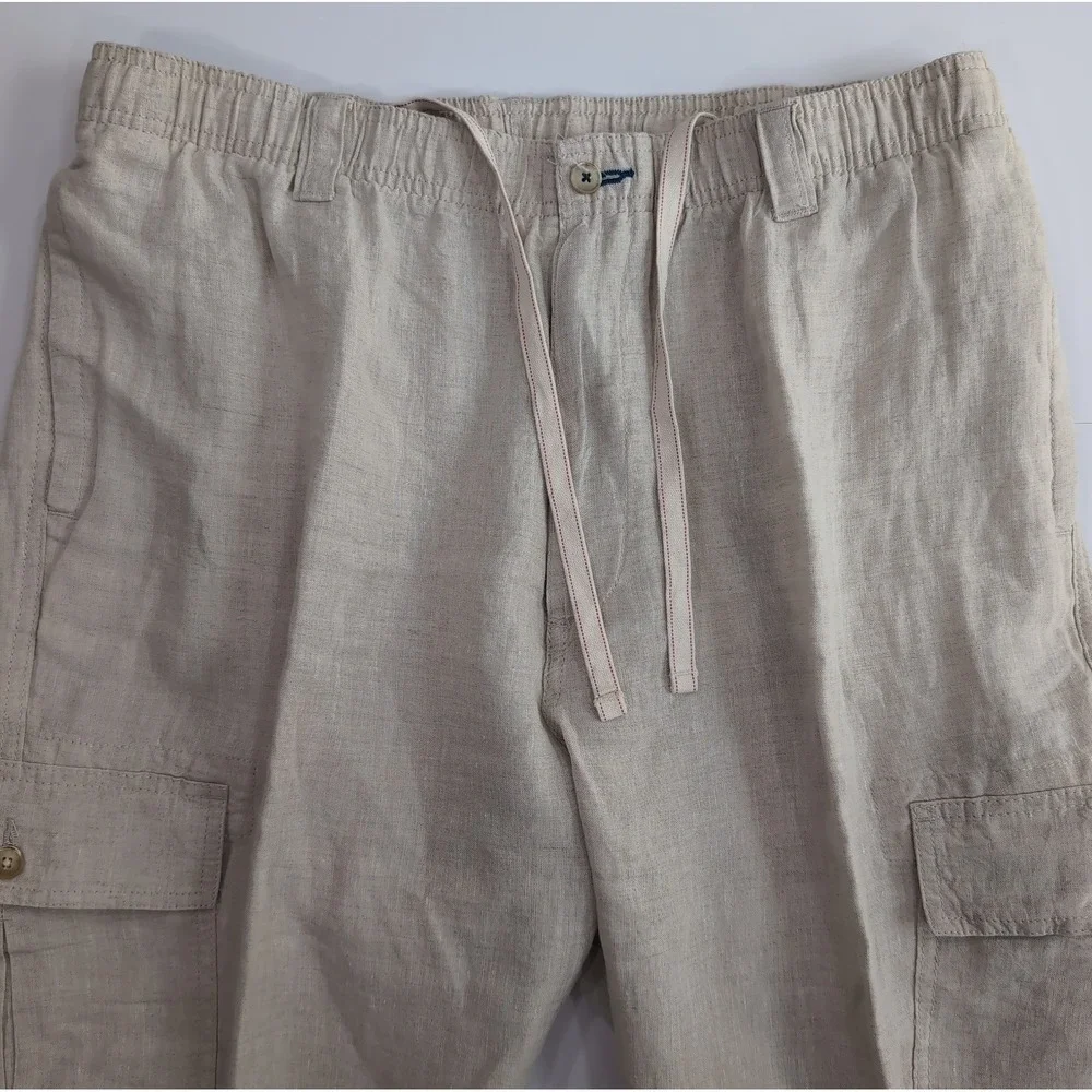 Caribbean Linen Pants Mens 38x30 Beige Cargo Elastic Drawstring Resort Beach
